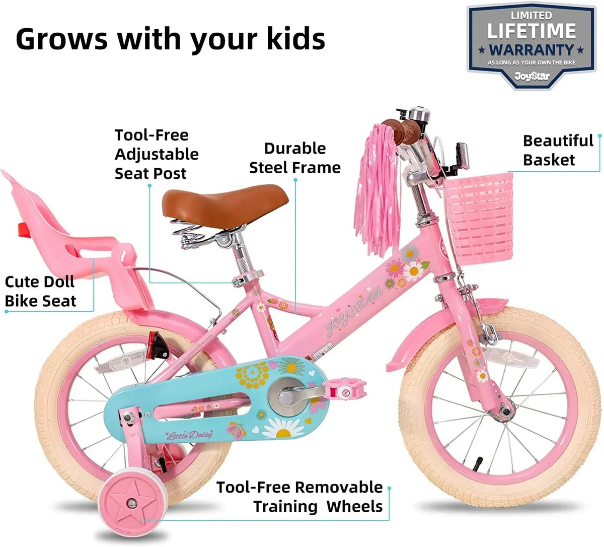 Nouveauté 2026 – Vélo enfant Little Daisy 12 pouces pour filles de 2 à 4 ans, avec stabilisateurs, panier et rubans décoratifs. Couleur rose