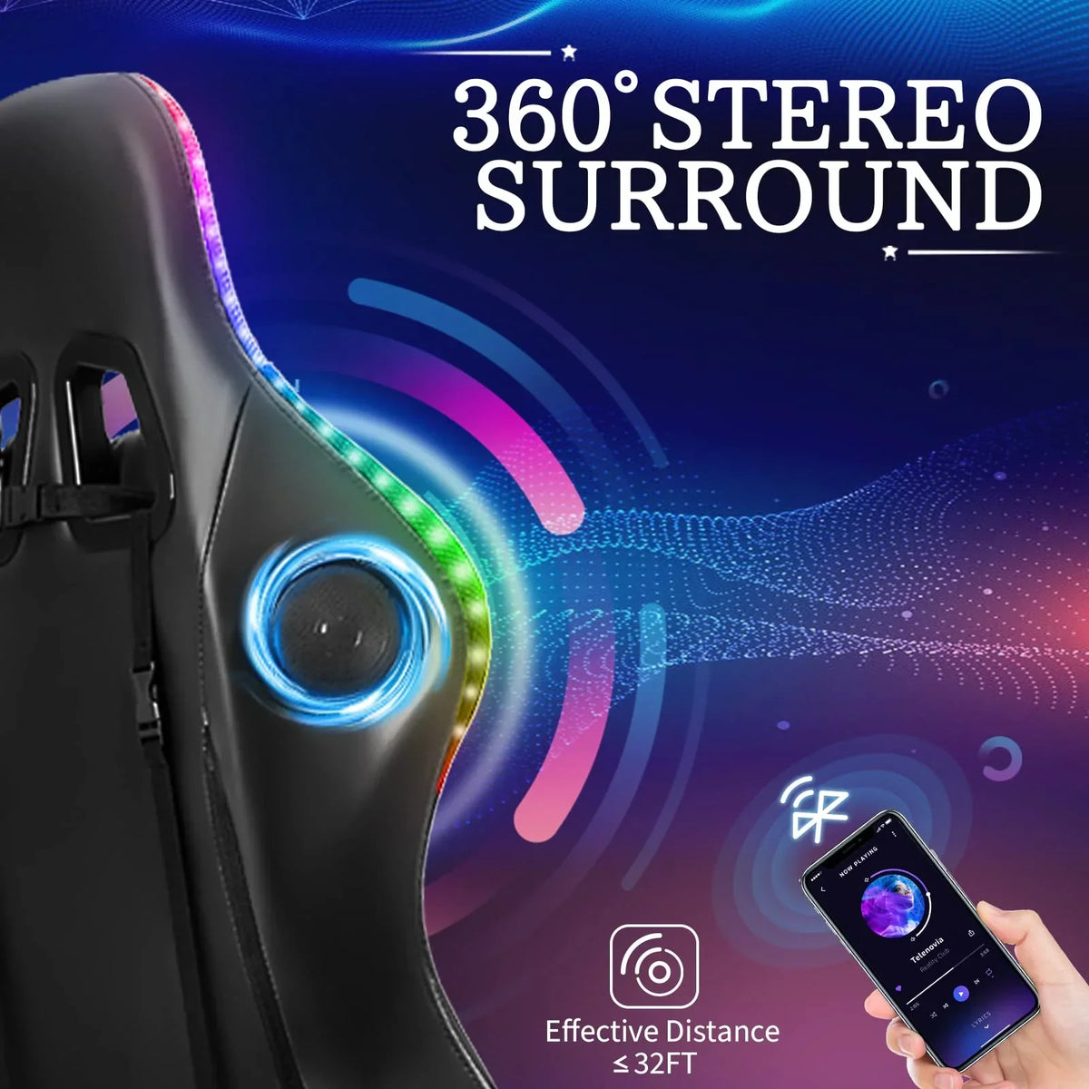 Nouveauté 2026 – Fauteuil de jeu RGB avec haut-parleurs, massage, éclairage LED et repose-pieds, dossier haut, bleu et noir, pour adultes