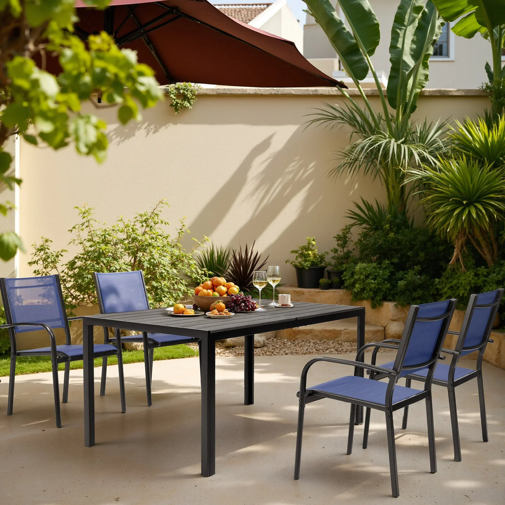 Nouveauté 2026 – Ensemble de salle à manger d'extérieur 7 pièces , comprenant une table et des chaises pour 6 personnes, un plateau en plastique imitation bois et un mobilier de jardin en textilène. Idéal pour terrasse ou patio