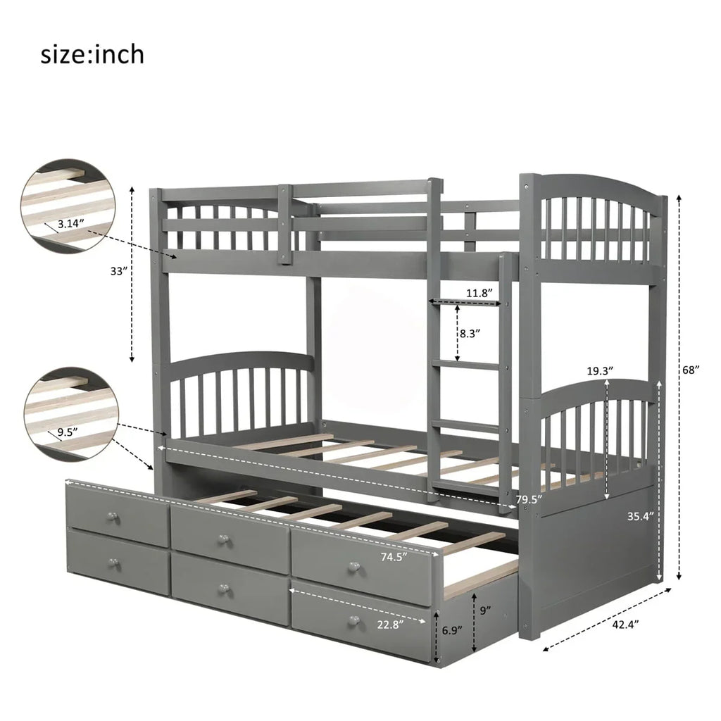 Nouveauté 2026 – Lit superposé Twin-Over-Twin avec 3 tiroirs de rangement, cadre de lit superposé simple avec échelle et barrière de sécurité, lit superposé gigogne en pin pour chambre d'adolescent ou chambre d'amis, convertible en 2 lits, gris