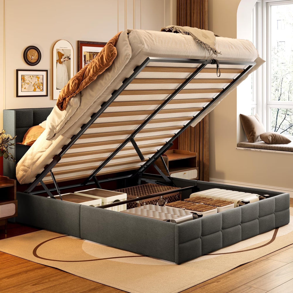 Nouveauté 2026 – Lit coffre Lofka , format double, tête de lit moderne à oreilles, sans sommier, rangement hydraulique, gris foncé