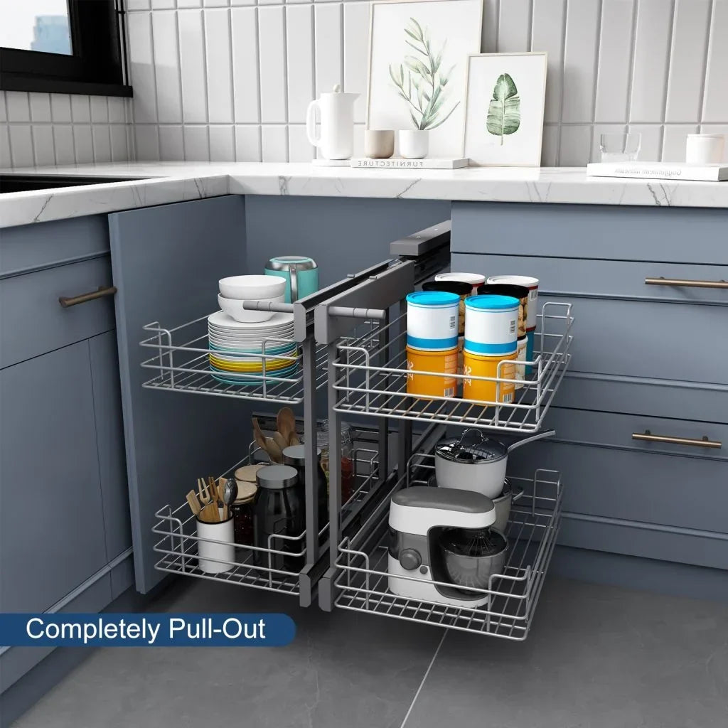 Nouveauté 2026 – Organisateur d'angle coulissant VADANIA pour armoire de 81 cm (32 po), fermeture amortie, ouverture minimale de 36 cm (14 po), 2 niveaux