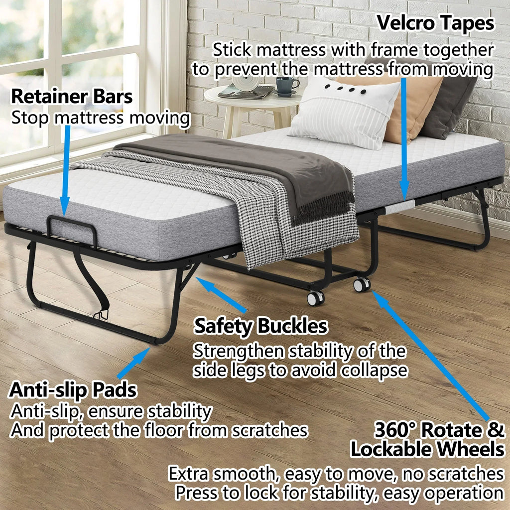 Nouveauté 2026 – Lit pliant Flying avec matelas, format 190 x 79 cm, lit d'appoint pliable et portable pour adultes, avec matelas en mousse à mémoire de forme de 13 cm, structure métallique robuste et peu encombrante