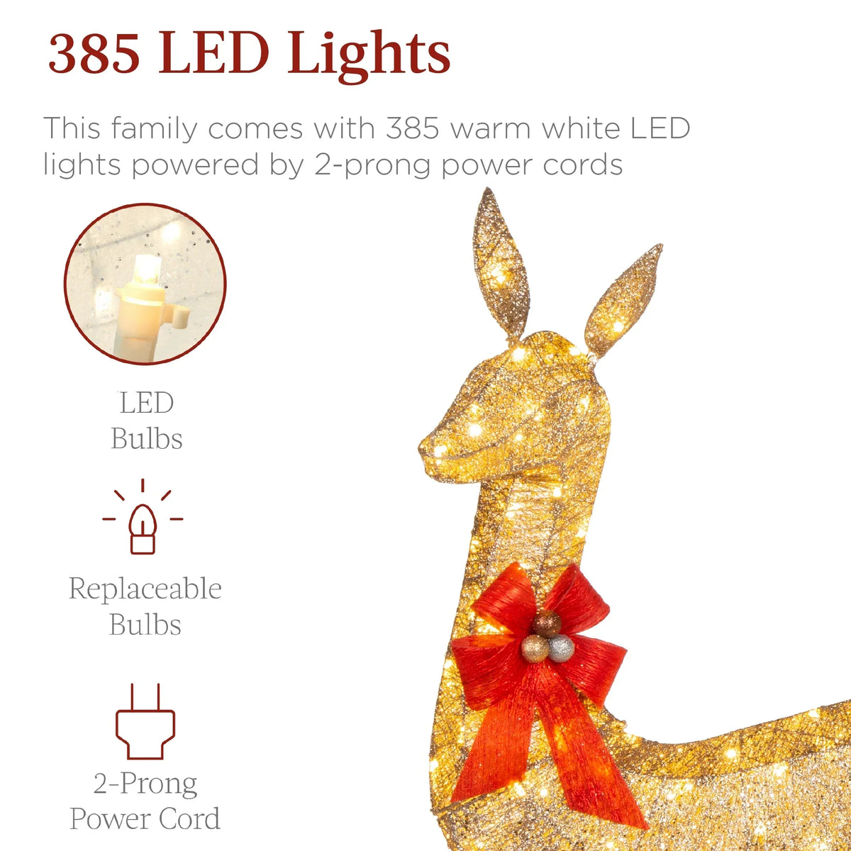 Nouveauté 2026 – Décoration de jardin extérieure Best Choice Products : cerfs lumineux de Noël en 3 pièces, 2 m (6,5 pi), avec 385 lumières DEL et piquets – Or