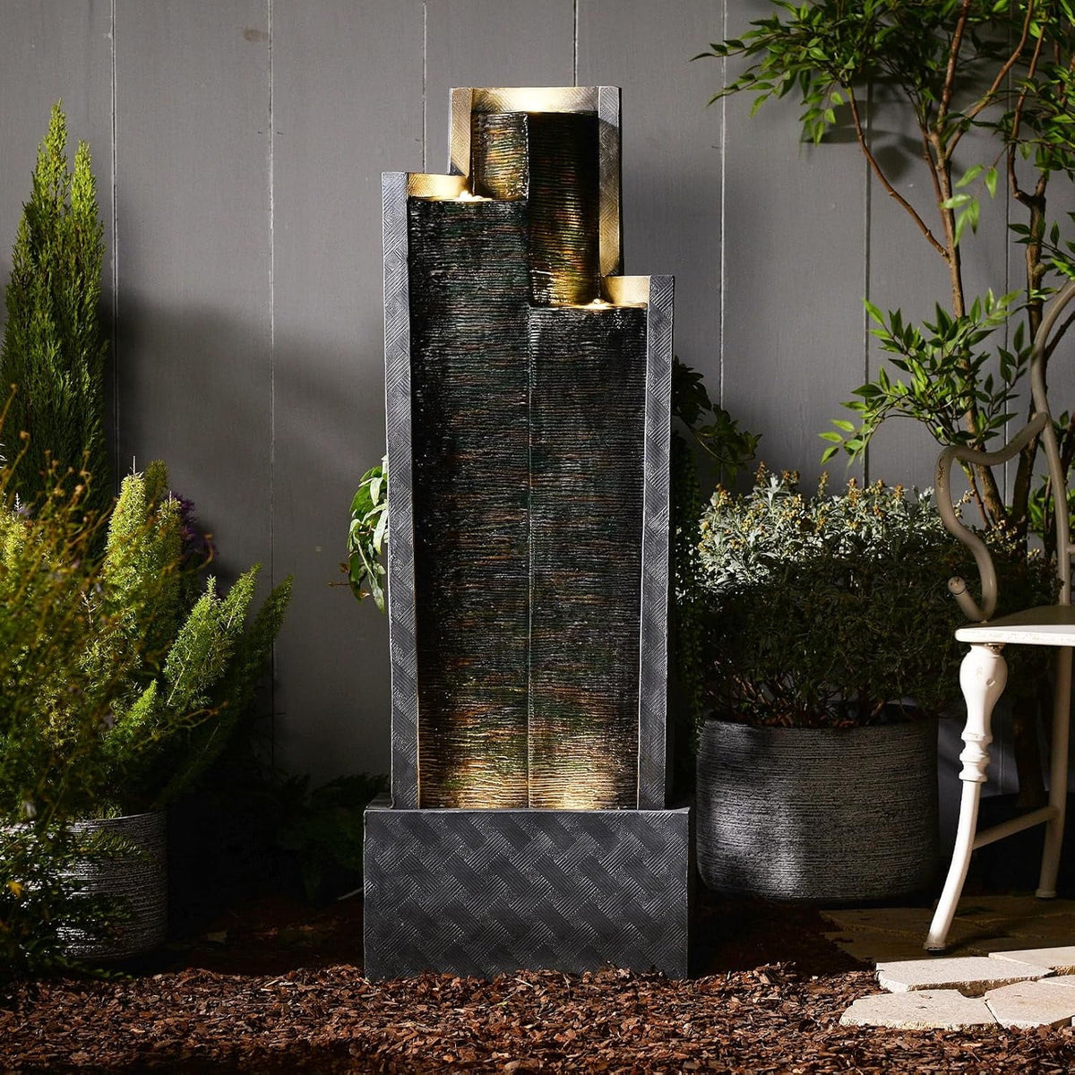 Nouveauté 2026 – Fontaine cascade moderne d'extérieur avec éclairage LED pour jardin, terrasse, cour, patio, porche et décoration intérieure
