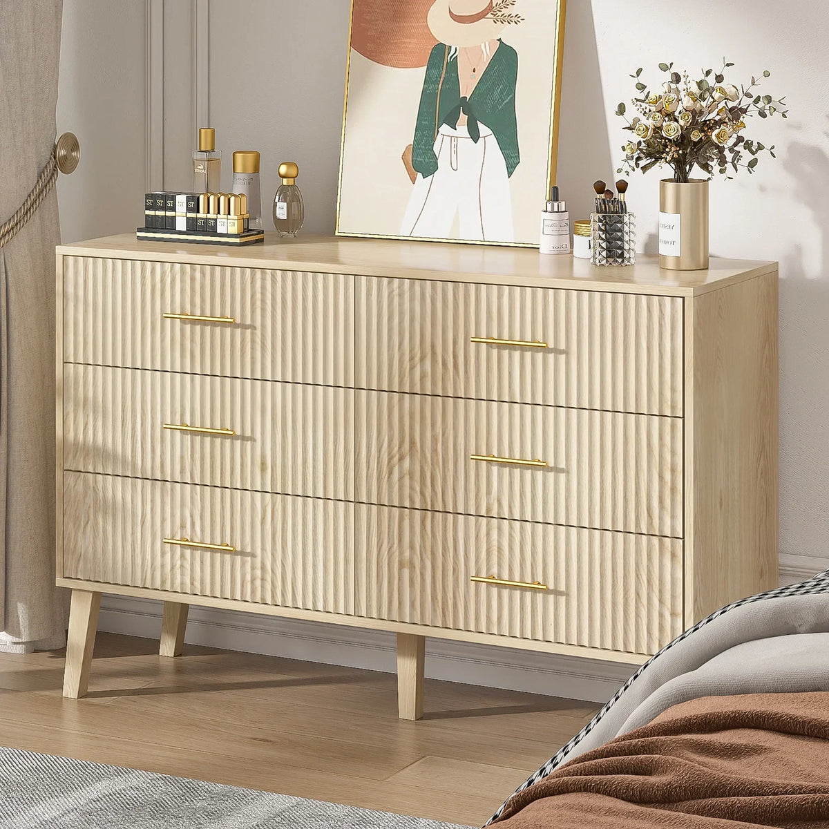 Nouveauté 2026 – Commode à 6 tiroirs Fluted , commode moderne large, commode double à 6 tiroirs