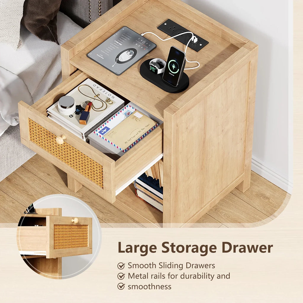 Nouveauté 2026 – Ensemble de 2 tables de chevet LGHM avec station de charge, style campagnard, avec tiroir, style bohème, pour chambre ou salon, en chêne