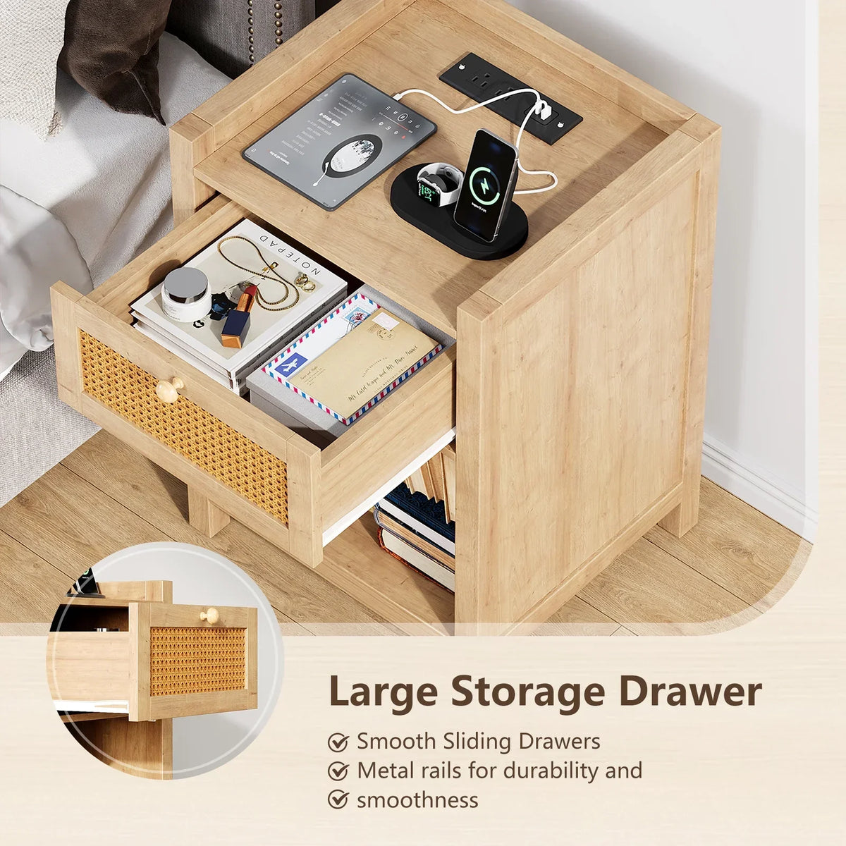 Nouveauté 2026 – Ensemble de 2 tables de chevet LGHM avec station de charge, style campagnard, avec tiroir, style bohème, pour chambre ou salon, en chêne