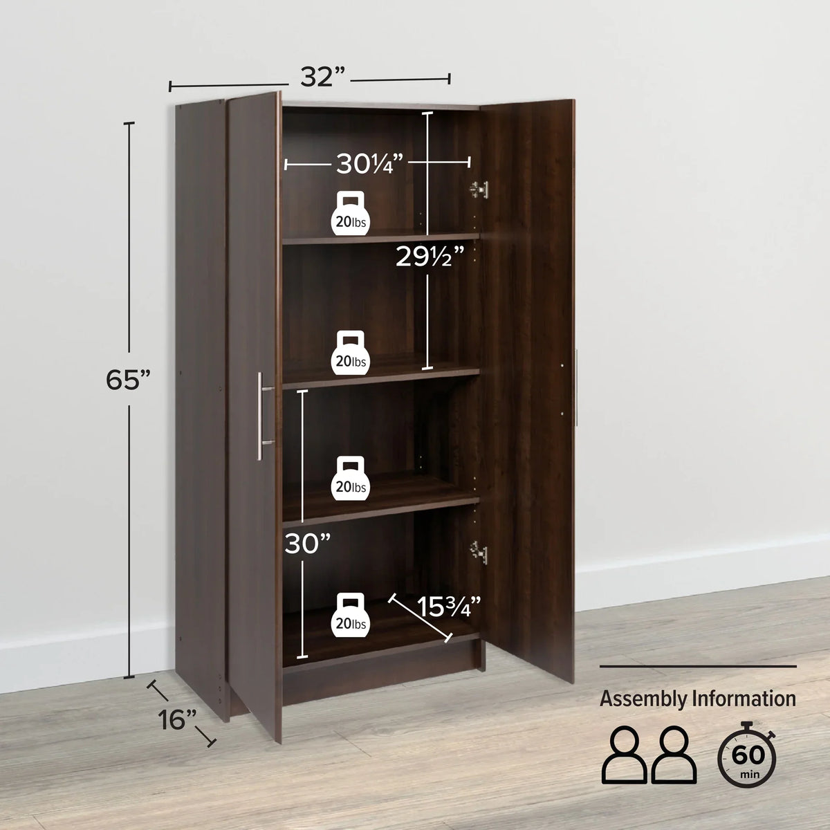 Nouveauté 2026 – Armoire à étagères réglables Prepac - Table de garage haute et fonctionnelle, 40,6 cm (P) x 81,3 cm (L) x 164,6 cm (H), armoire de garage autoportante à 2 portes, couleur expresso - EES-3264