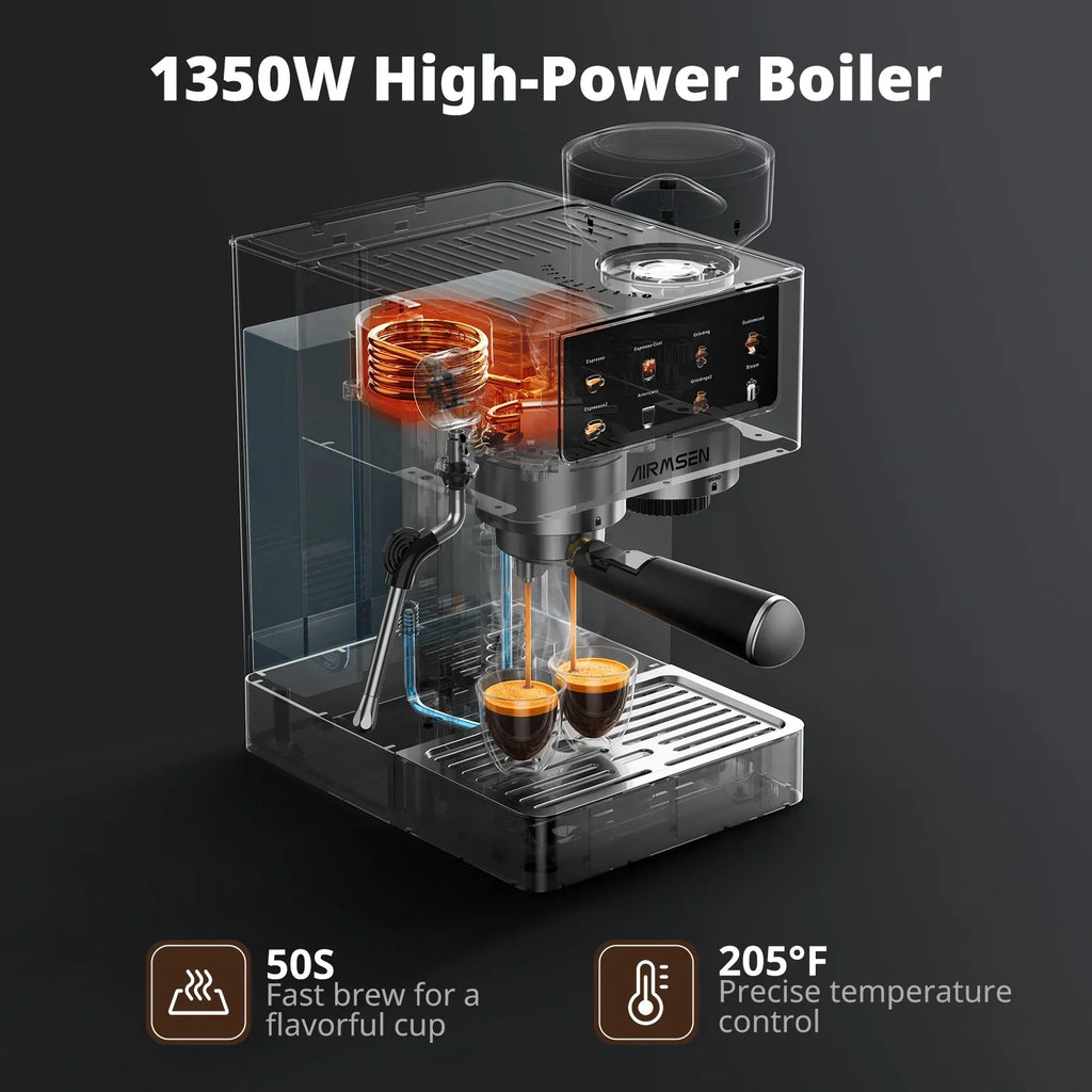 Nouveauté 2026 – Machine à expresso AIRMSEN avec broyeur intégré, permettant de personnaliser la mouture et le volume de café, idéale pour le cappuccino, le latte et l'americano. Finition en acier inoxydable brossé