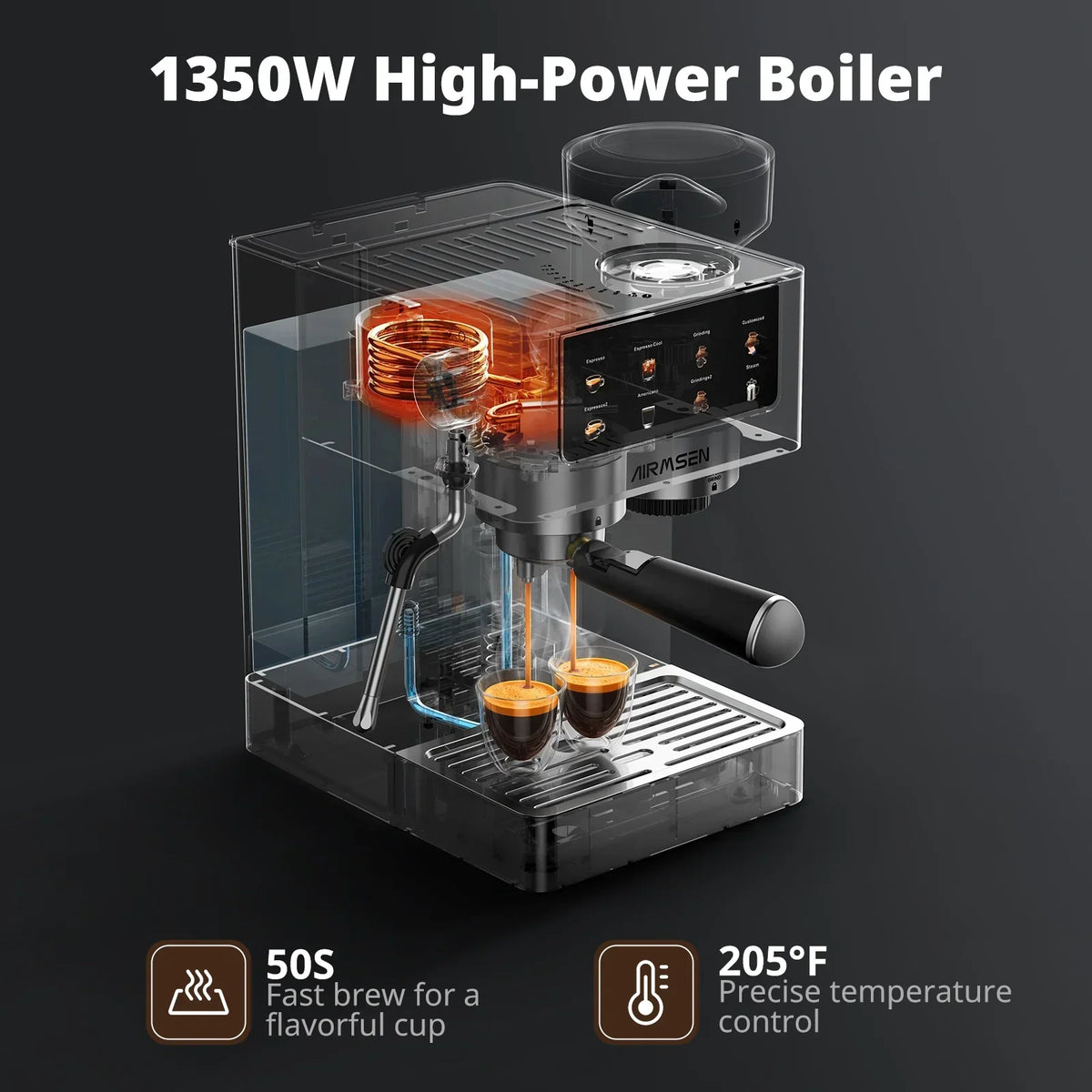 Nouveauté 2026 – Machine à expresso AIRMSEN avec broyeur intégré, permettant de personnaliser la mouture et le volume de café, idéale pour le cappuccino, le latte et l'americano. Finition en acier inoxydable brossé