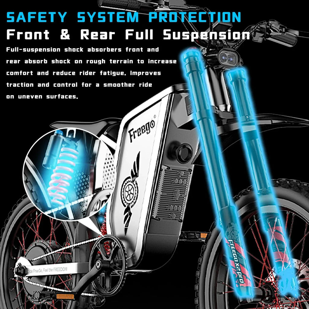 Nouveauté 2026 – Vélo tout-terrain électrique Freego X2 Pro , vitesse maximale de 80 km/h, moteur de 6000 W (crête), batterie 60 V 30 Ah, pneus 19 x 2, suspension intégrale, freins hydrauliques, accélérateur à mi-course, homologué UL2849