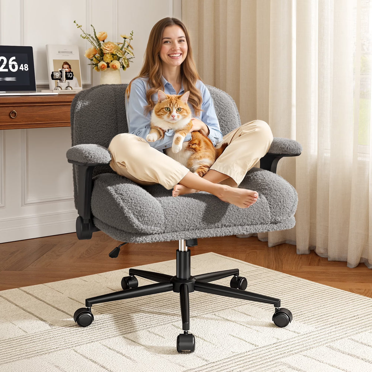 Nouveauté 2026 – Chaise de bureau Romorgniz Criss Cross avec accoudoirs réglables, soutien lombaire, dossier inclinable, coussin épais et roulettes. Idéale pour le bureau, les jeux vidéo, la lecture ou la coiffeuse. Couleur : blanc cassé