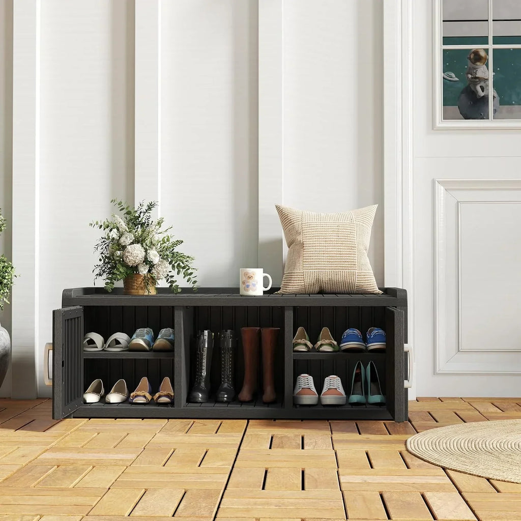 Nouveauté 2026 – Meuble de rangement à chaussures d'extérieur KAMABOKO , banc de rangement étanche et résistant aux UV pour entrée, intérieur et extérieur, avec 2 portes coulissantes de style grange et étagères réglables pour entrée, chambre, couloir
