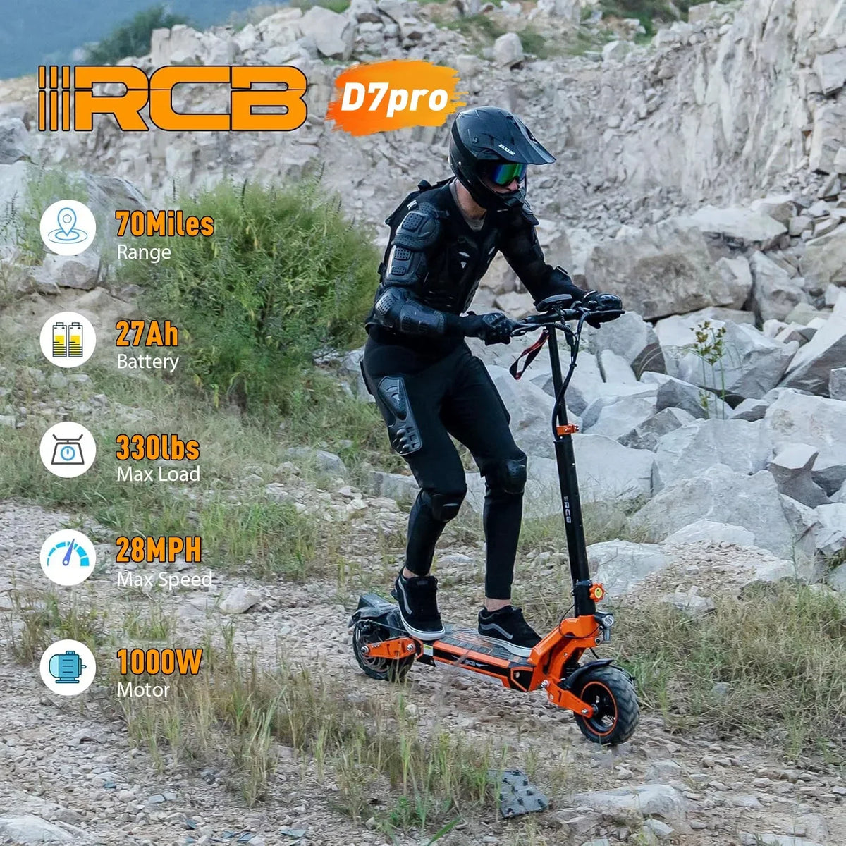 Nouveauté 2026 – Trottinette électrique pour adultes , autonomie maximale de 112 km, moteur de 1000 W, batterie 48 V 27 Ah, pneus increvables de 25 cm, double suspension, contrôle via application et NFC - RCB D7PRO
