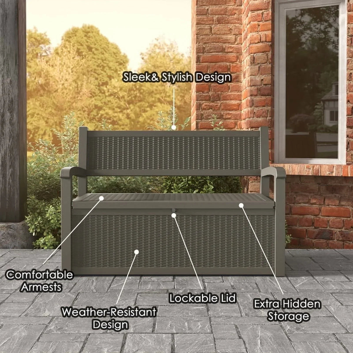 Nouveauté 2026 – Coffre de rangement Bifanuo de 70 gallons avec banc et accoudoirs, résistant à l'eau, idéal pour le mobilier de patio, les outils de jardin, le rangement de piscine et les coussins d'extérieur. Couleur : gris