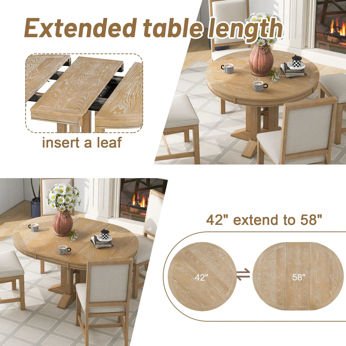 Nouveauté 2026 – Ensemble de salle à manger rond 5 pièces , comprenant une table extensible et 4 chaises rembourrées, en bois, pour 4 personnes. Style campagnard, idéal pour la cuisine, la salle à manger ou un appartement. Couleur : marron