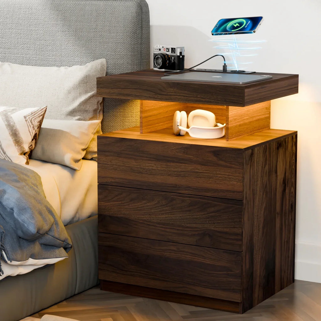Nouveauté 2026 – Table de chevet LED Hommpa avec station de charge sans fil, ports USB Type-C, 3 tiroirs, finition laquée noire, style moderne et élégant, hauteur 68 cm (26,8 pouces). Idéale pour la chambre à coucher