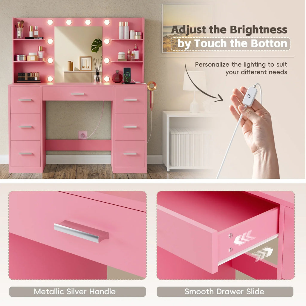 Nouveauté 2026 – Coiffeuse Lacoo avec miroir et éclairage LED, meuble de maquillage avec 7 tiroirs et 4 étagères, table de toilette avec prise électrique pour chambre ou dressing, blanche