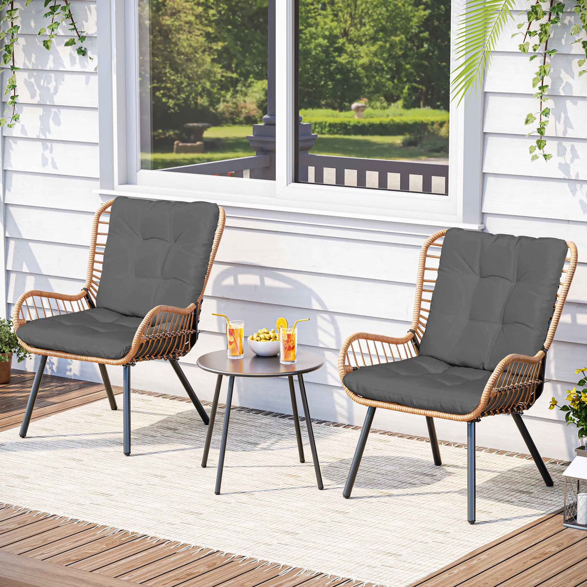 Nouveauté 2026 – Ensemble de mobilier de patio 3 pièces LAUSAINT HOME , comprenant un bistro d'extérieur à dossier haut, une table basse et des coussins beiges pour jardin ou terrasse