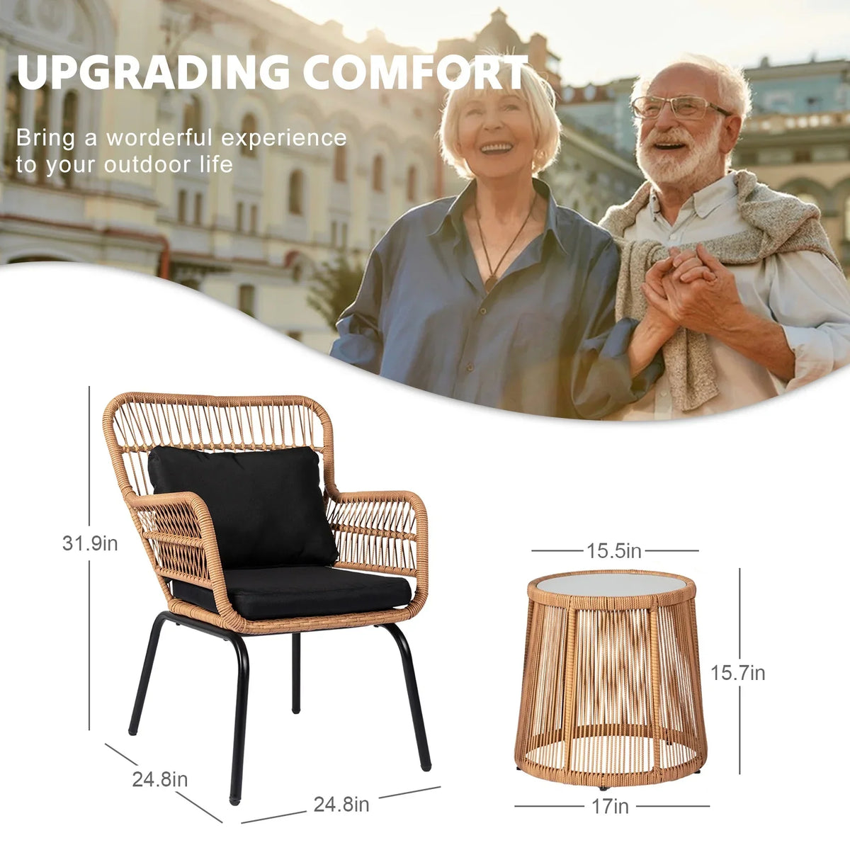 Nouveauté 2026 – Ensemble bistro de conversation 3 pièces Tappio pour patio, mobilier de jardin en rotin, table basse en verre et coussins, jaune/beige, idéal pour le jardin, le balcon, la terrasse ou la piscine