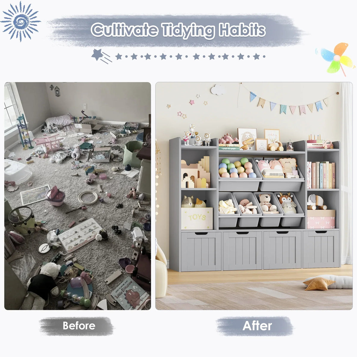 Nouveauté 2026 – Bibliothèque enfant Hiphuta à 3 niveaux avec rangement pour jouets, en bois, composée de 6 boîtes et 4 tiroirs amovibles, blanche