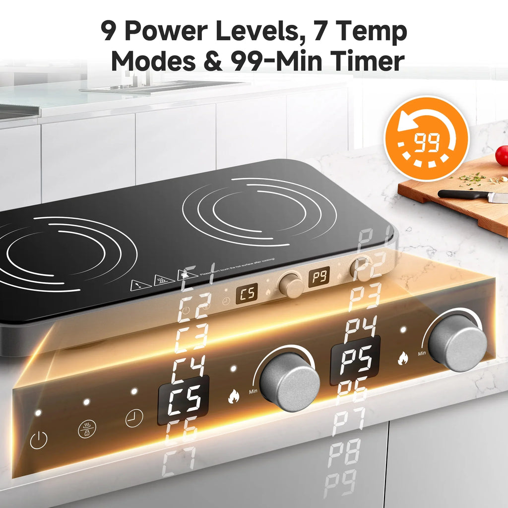 Nouveauté 2026 – Plaque de cuisson à induction portable double Sunmaki avec plaque de cuisson amovible antiadhésive, 1800 W, 2 brûleurs, commandes tactiles, 9 niveaux de puissance, minuterie 99 min, idéale pour les fêtes de famille