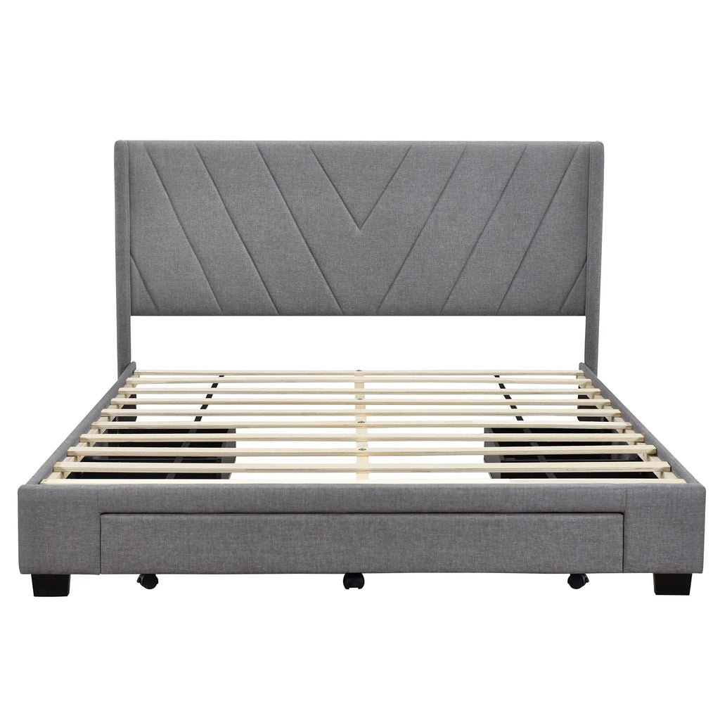 Nouveauté 2026 – Cadre de lit Queen Sesslife avec rangement, nouveau lit plateforme rembourré en lin amélioré avec 3 tiroirs, lit de rangement Queen avec tête de lit et lattes en bois, aucun sommier requis, supporte 227 kg, beige