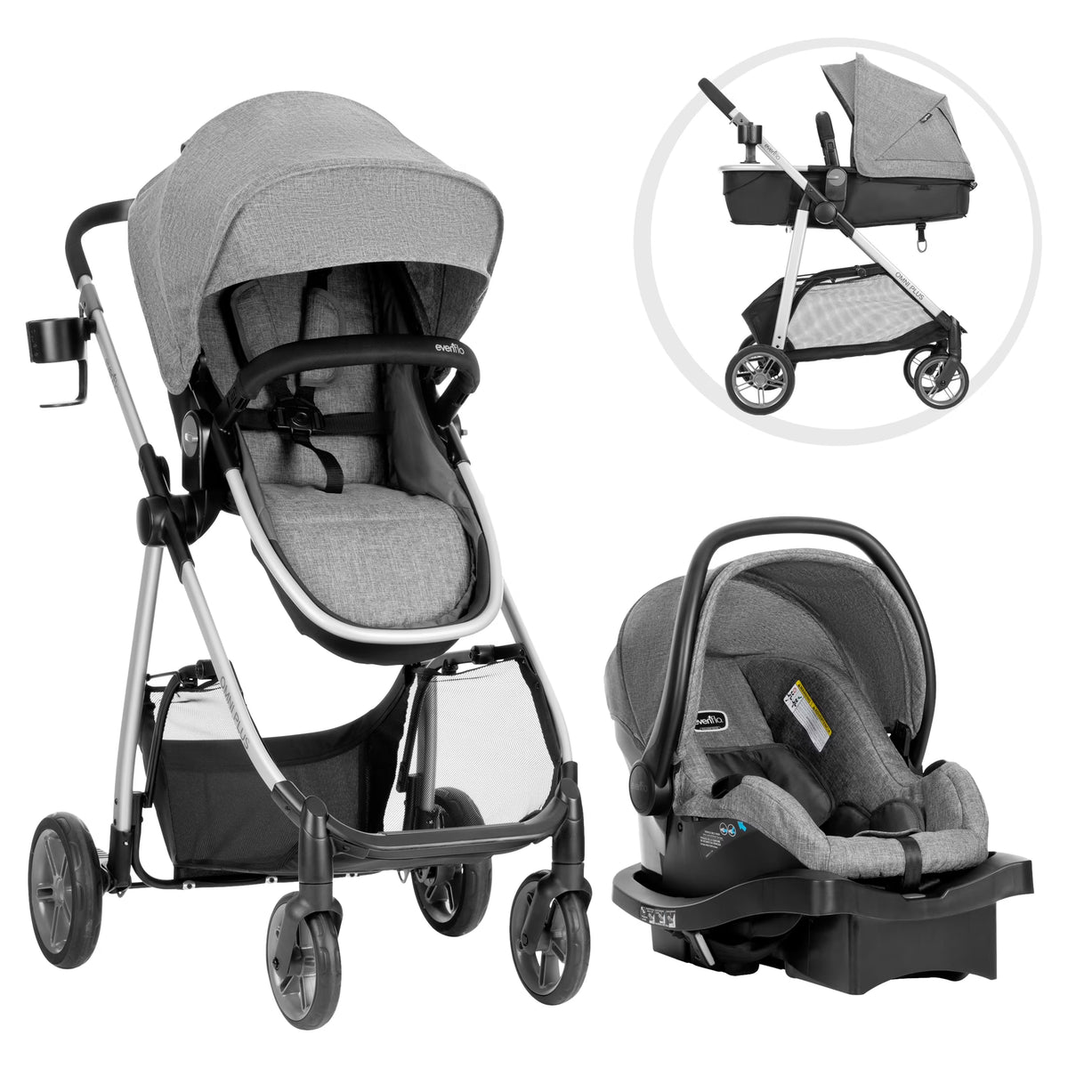 Nouveauté 2026 – Système de voyage modulaire Evenflo Omni Plus avec siège auto pour bébé LiteMax Sport, gris Mylar, unisexe