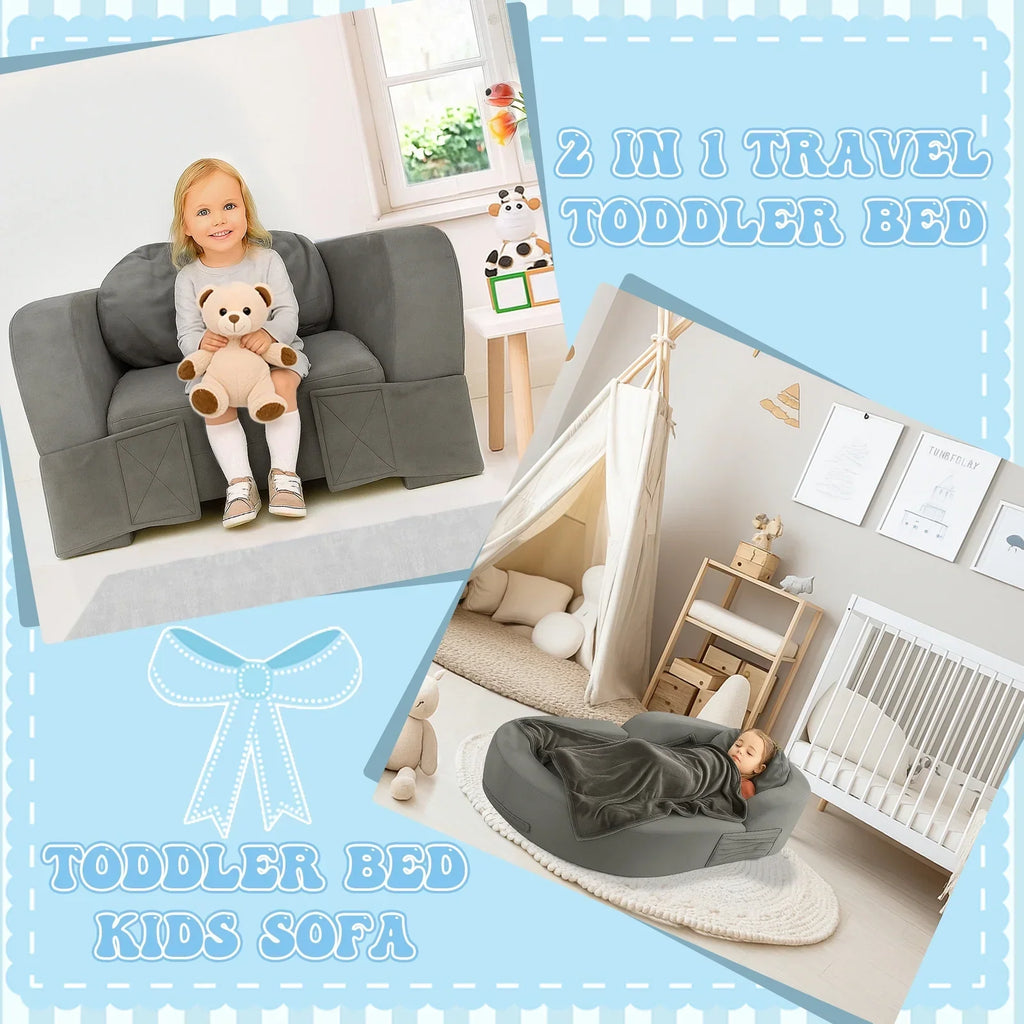 Nouveauté 2026 – Lit de voyage pour tout-petits Coumy 2-en-1 avec housse amovible, matelas pliable et portable en mousse souple, sac de transport inclus, bleu
