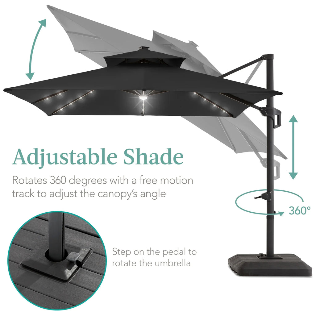 Nouveauté 2026 – Parasol de terrasse carré déporté à deux niveaux, 3 x 3 m, à éclairage solaire LED, avec base incluse (Best Choice Products, ) - Beige