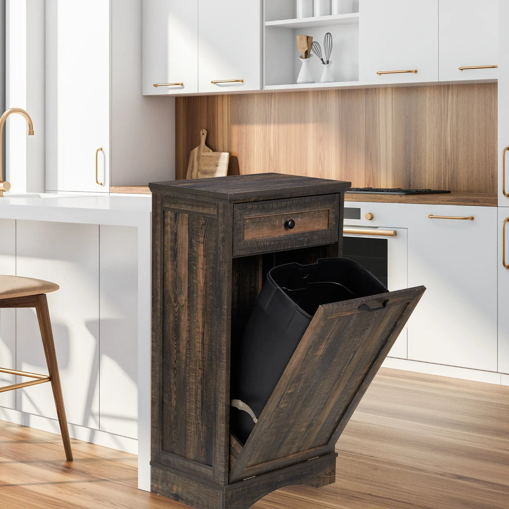 Nouveauté 2026 – Meuble poubelle basculant HARIPUL pour bac à déchets de 49 litres (13 gallons), meuble poubelle de cuisine autoportant avec tiroirs, blanc