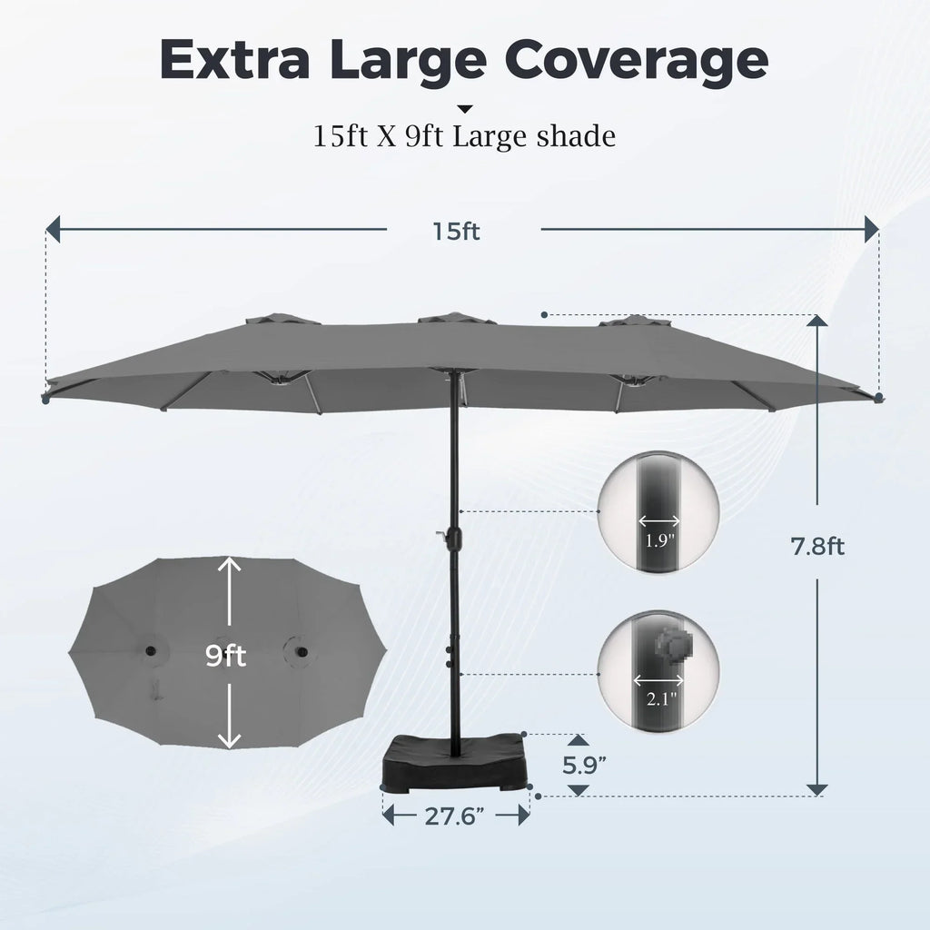 Nouveauté 2026 – Parasol de jardin extra-large Alpha Joy 4,57 m (15 pi) à double face avec manivelle et base - Gris fumé
