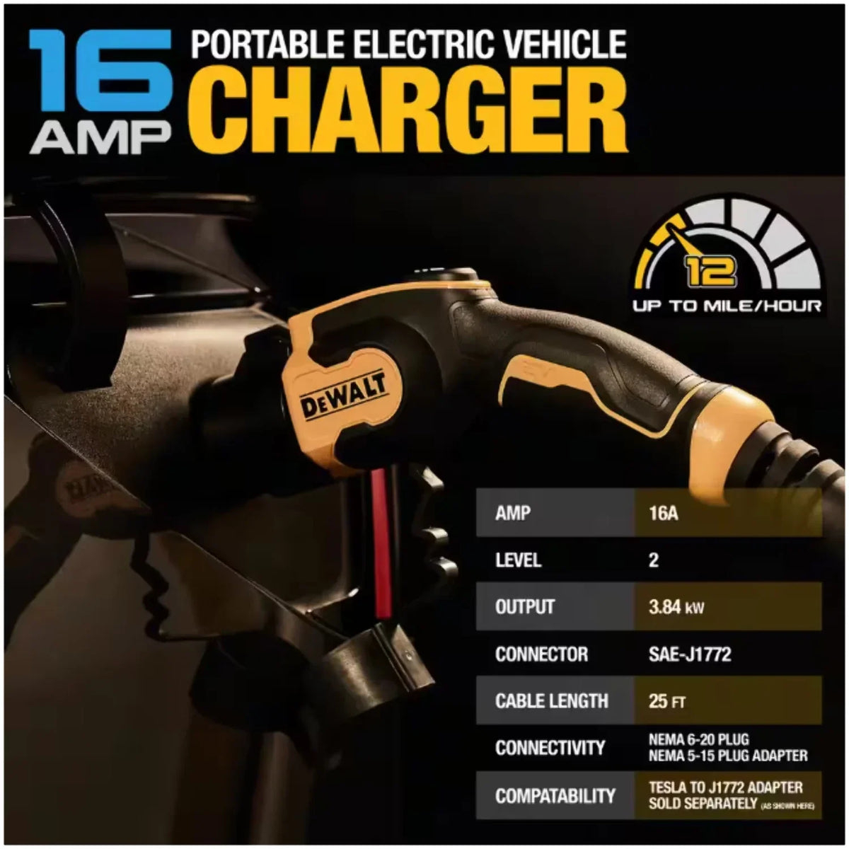 Nouveauté 2026 – Chargeur portable DEWALT niveau 2 pour véhicules électriques (VE), jusqu'à 16 A, 120-240 V CA, 3,8 kW, câble de 7,6 m, résistant aux intempéries