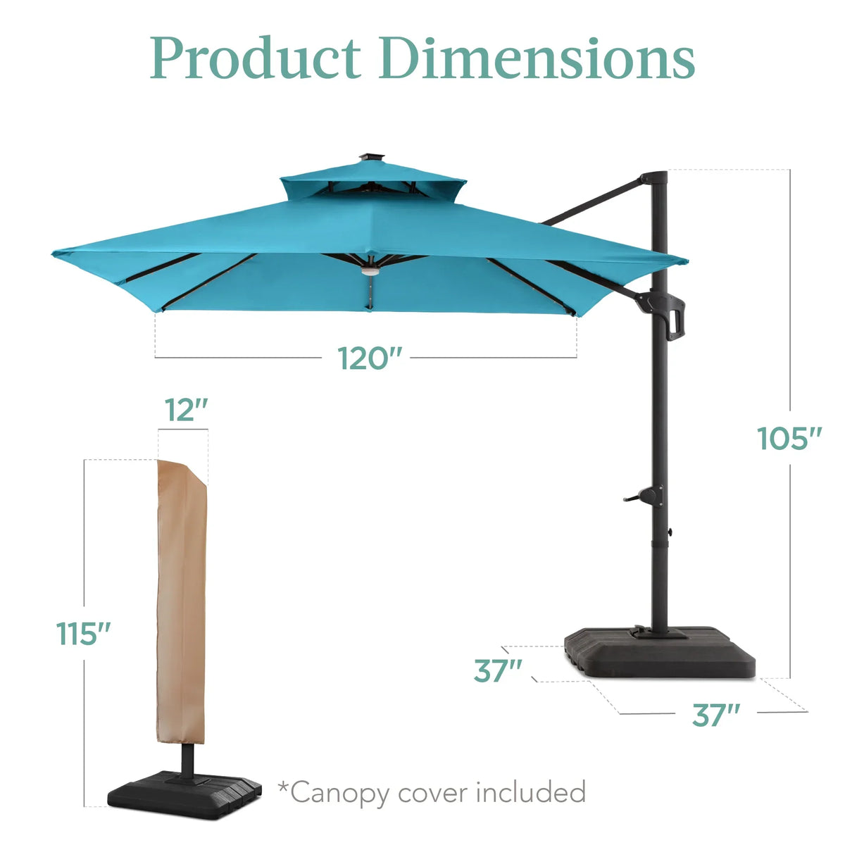 Nouveauté 2026 – Parasol de terrasse carré déporté à deux niveaux, 3 x 3 m, à éclairage solaire LED, avec base incluse (Best Choice Products, ) - Beige