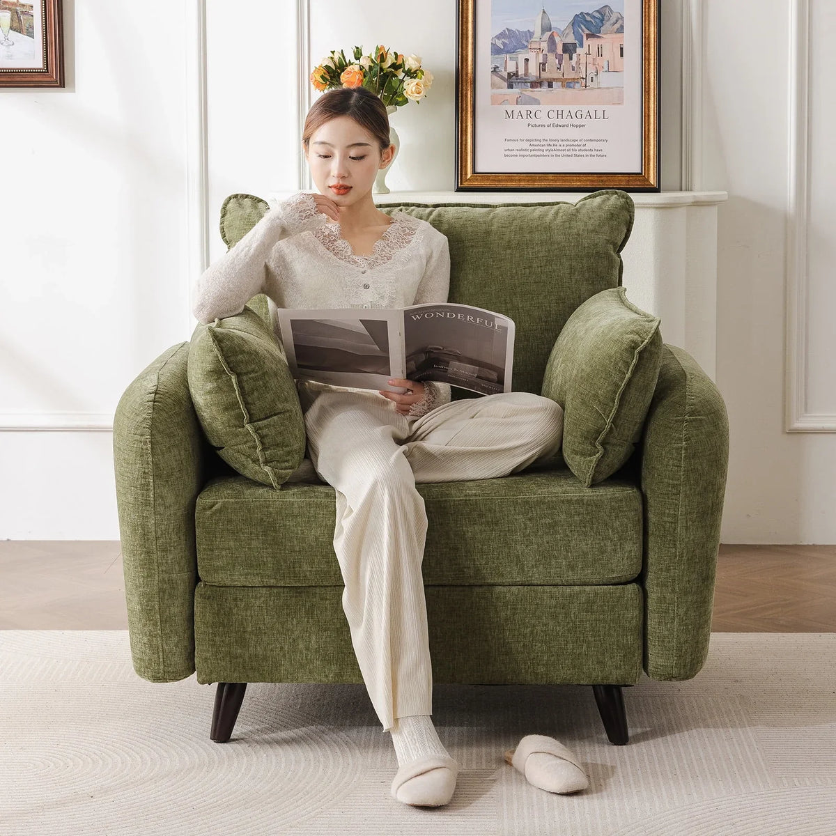 Nouveauté 2026 – Fauteuil d'appoint surdimensionné Rexulqo avec rangement intégré, confortable pour le salon, livré avec 2 coussins décoratifs, fauteuil rembourré style milieu du siècle, assise profonde de 62 cm, fauteuil de lecture pour chambre ou b