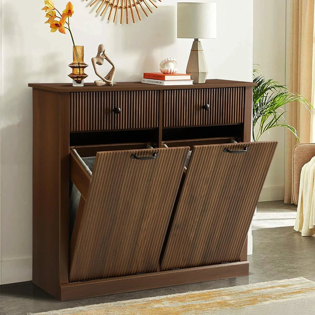 Nouveauté 2026 – Armoire à linge double basculante Haverchair , meuble poubelle moderne cannelé avec tiroir, meuble poubelle dissimulé en bois pour cuisine et salle de bain