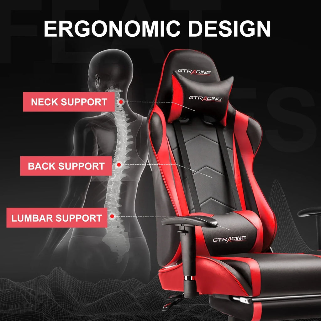 Nouveauté 2026 – Chaise de jeu GTRACING , chaise de bureau ergonomique avec soutien lombaire, revêtement en cuir PU, repose-pieds et appui-tête réglable, rouge