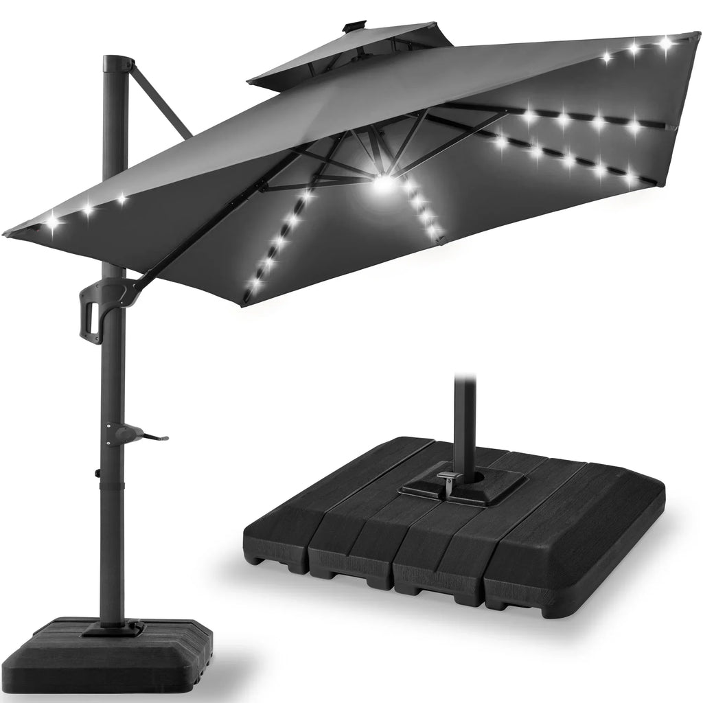 Nouveauté 2026 – Parasol de terrasse carré déporté à deux niveaux, 3 x 3 m, à éclairage solaire LED, avec base incluse (Best Choice Products, ) - Beige