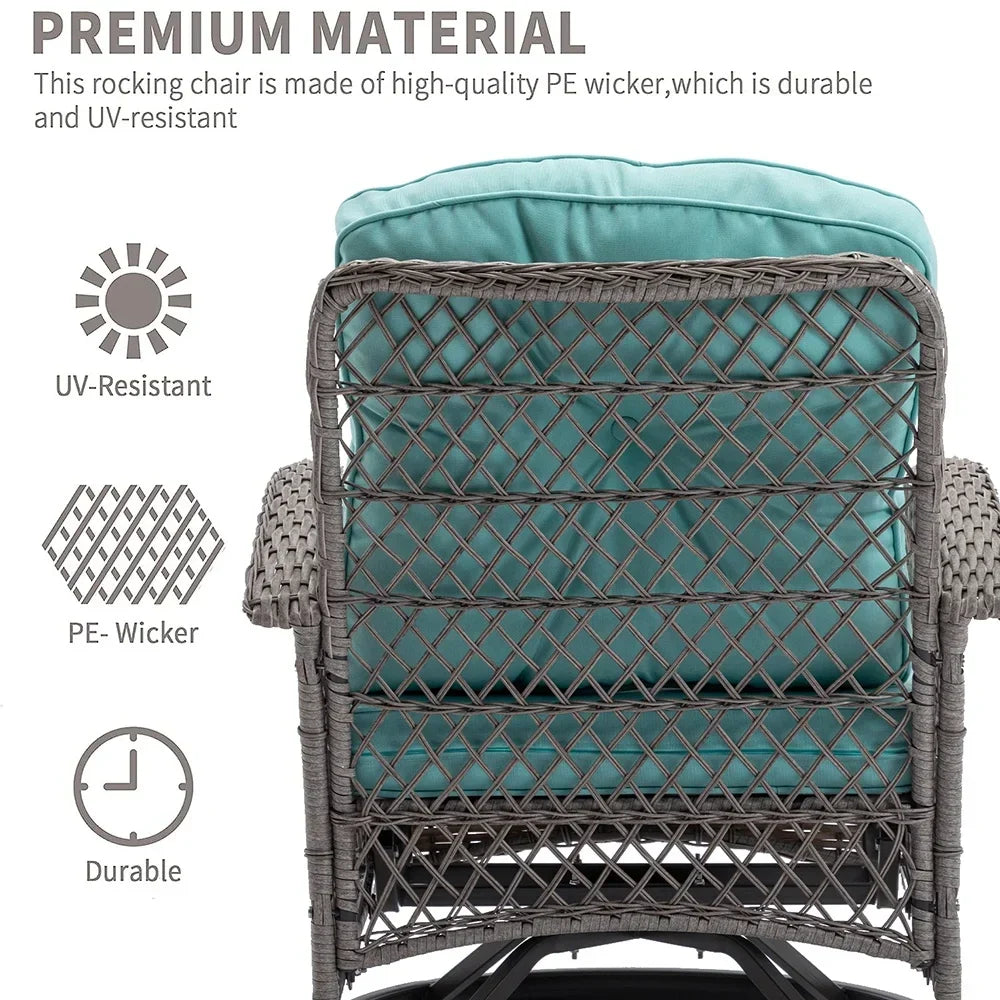 Nouveauté 2026 – Ensemble de 3 fauteuils à bascule pivotants pour patio, 2 fauteuils à bascule pivotants à 360 degrés et 1 table basse en verre, ensemble bistro d'extérieur en rotin PE avec coussins pour balcon, terrasse, piscine, jardin ou véranda