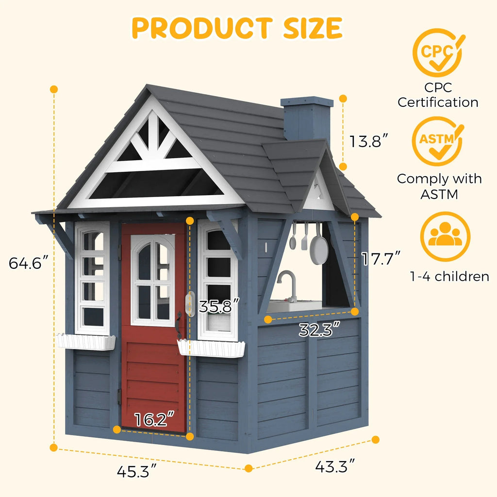 Nouveauté 2026 – Maisonnette d'extérieur COCLUB pour enfants de 4 à 8 ans, en bois, avec sonnette, téléphone et jouets de cuisine. Dimensions : 114 cm (L) x 165 cm (H). Couleurs : blanc et noir
