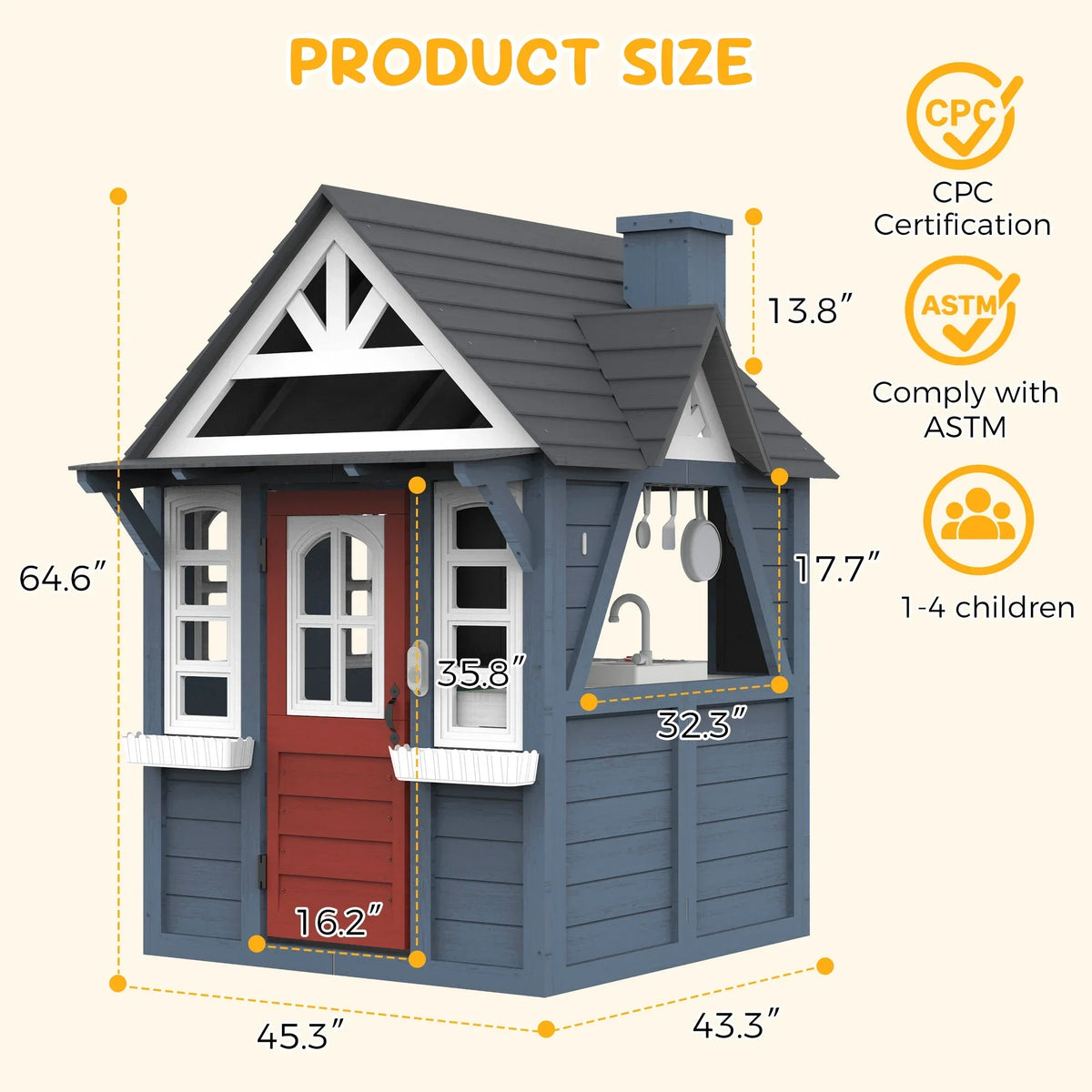 Nouveauté 2026 – Maisonnette d'extérieur COCLUB pour enfants de 4 à 8 ans, en bois, avec sonnette, téléphone et jouets de cuisine. Dimensions : 114 cm (L) x 165 cm (H). Couleurs : blanc et noir