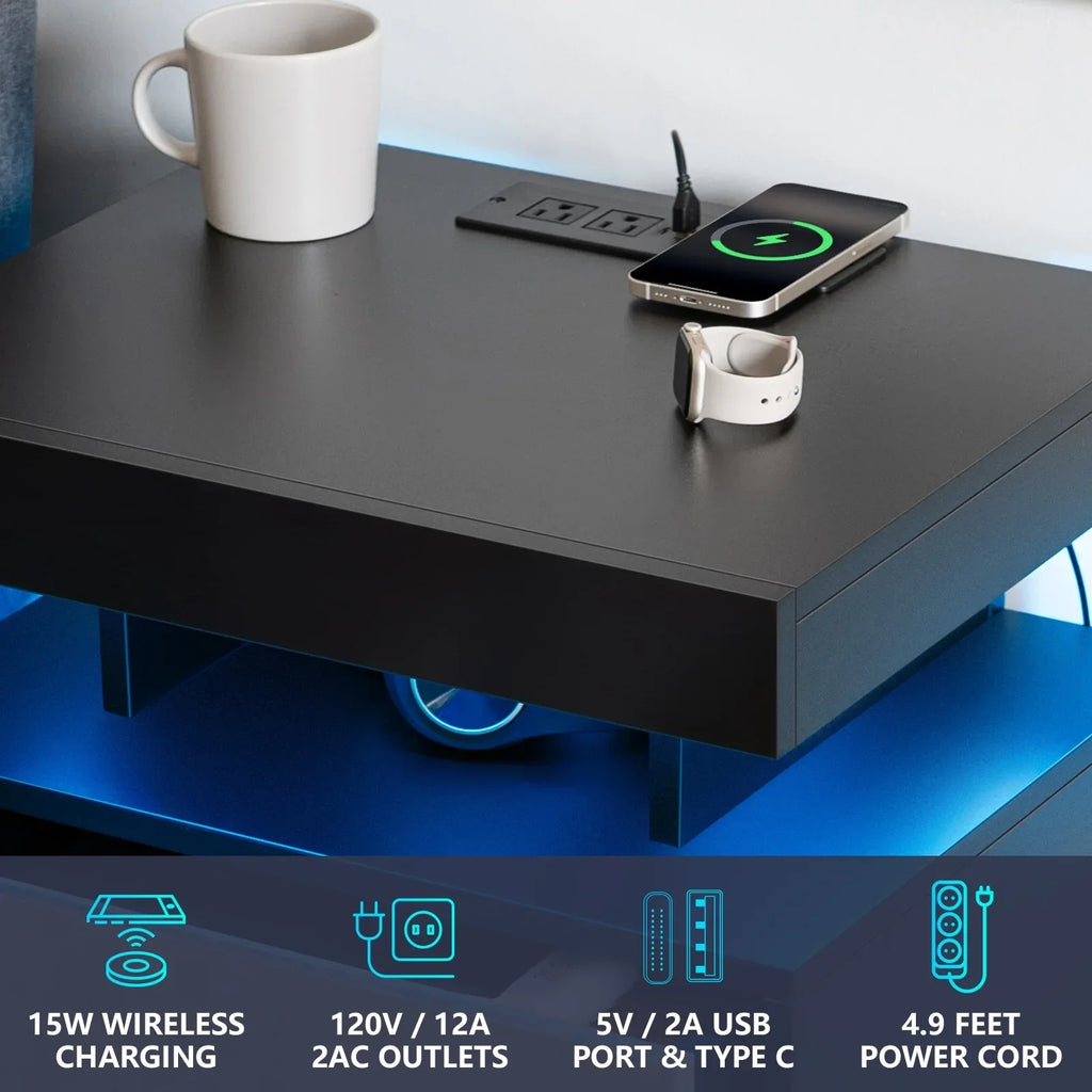 Nouveauté 2026 – Table de chevet LED Hommpa avec station de charge sans fil, ports USB Type-C, 3 tiroirs, finition laquée noire, style moderne et élégant, hauteur 68 cm (26,8 pouces). Idéale pour la chambre à coucher