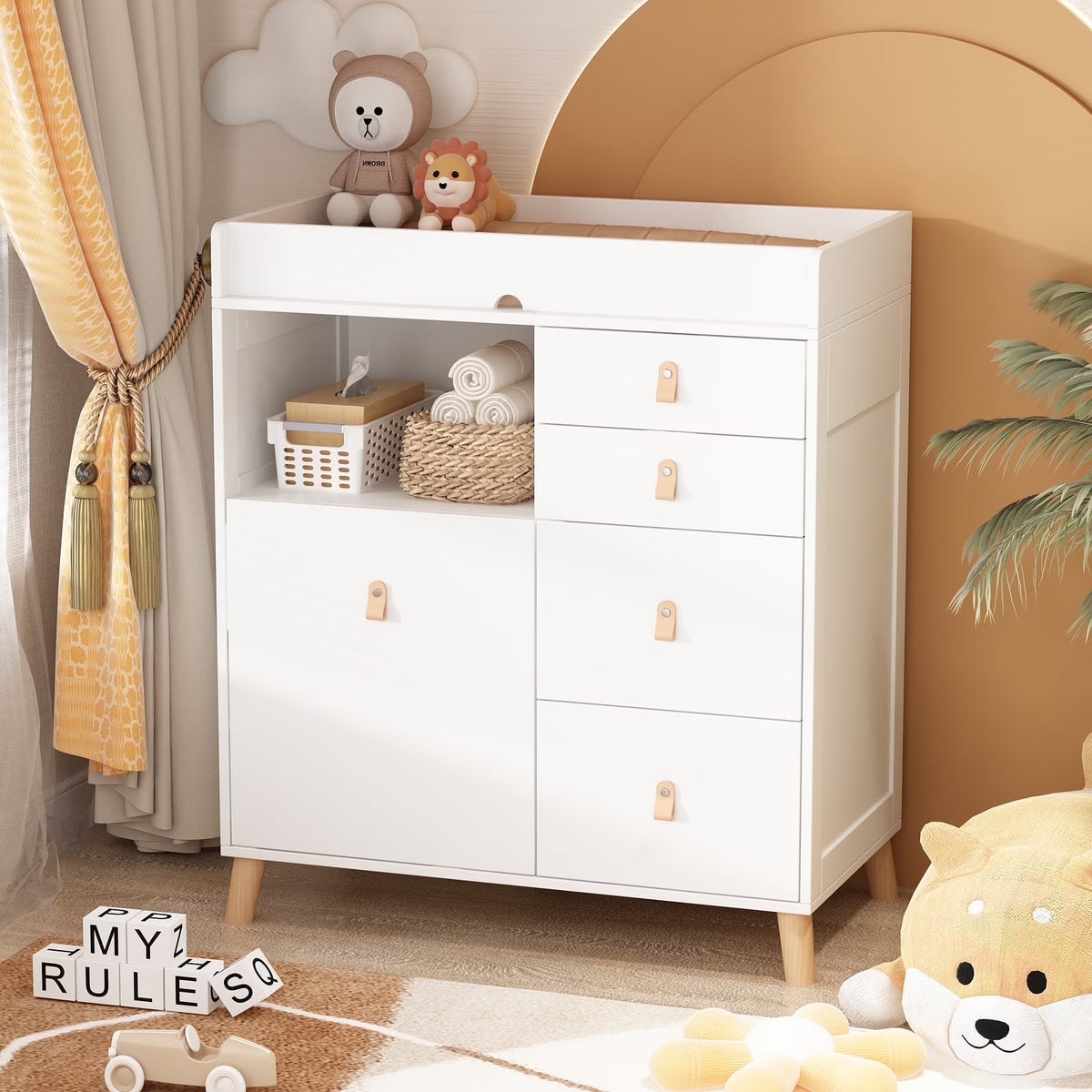 Nouveauté 2026 – Table à langer/commode pour chambre de bébé OXYLIFE , 114 cm (45 po), avec 4 tiroirs et une étagère, blanche