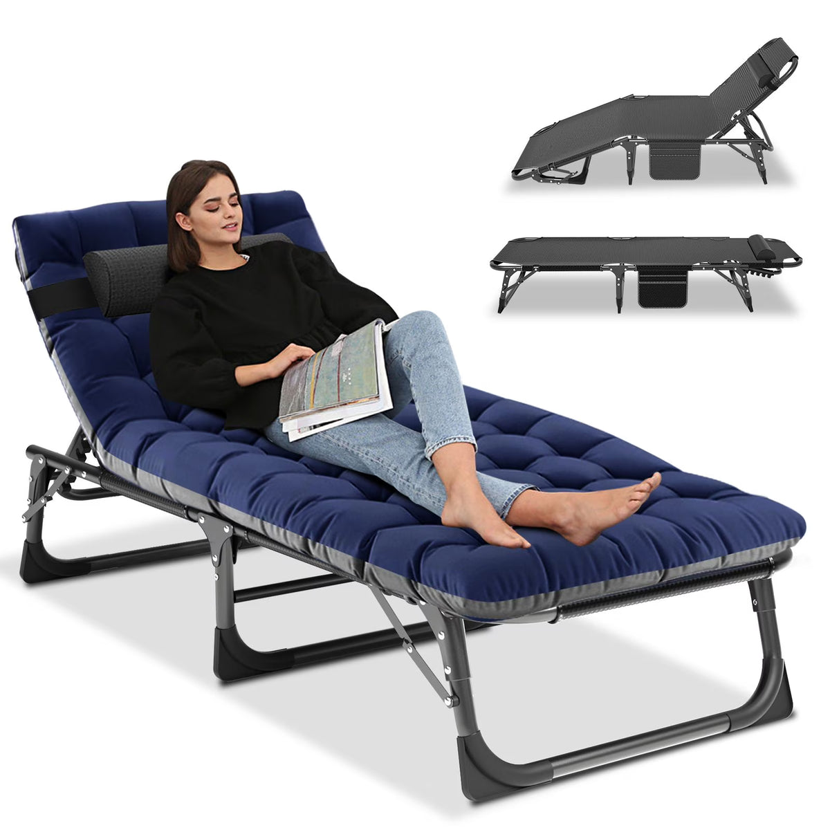 Nouveauté 2026 – Chaise longue MOPHOTO avec matelas, supportant jusqu'à 200 kg, lit de camp portable et robuste, réglable, idéal pour le camping, la piscine, la plage et la terrasse