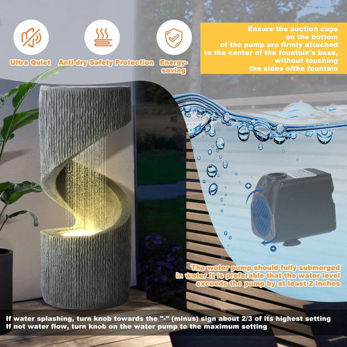 Nouveauté 2026 – Fontaine d'extérieur en forme de S Magic Union , fontaine d'intérieur à cascade en spirale avec lumières LED et pompe, fontaine incurvée en résine pour patio, cour, terrasse, porche et décoration intérieure