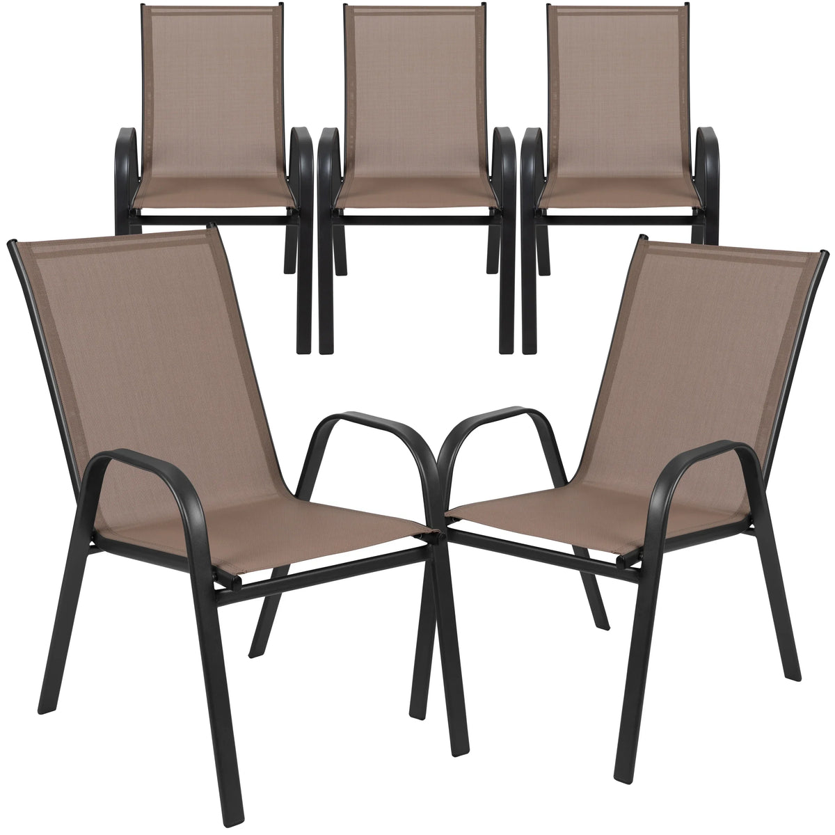 Nouveauté 2026 – Lot de 5 chaises empilables d'extérieur BizChair noires , revêtement Flex Comfort et structure en métal