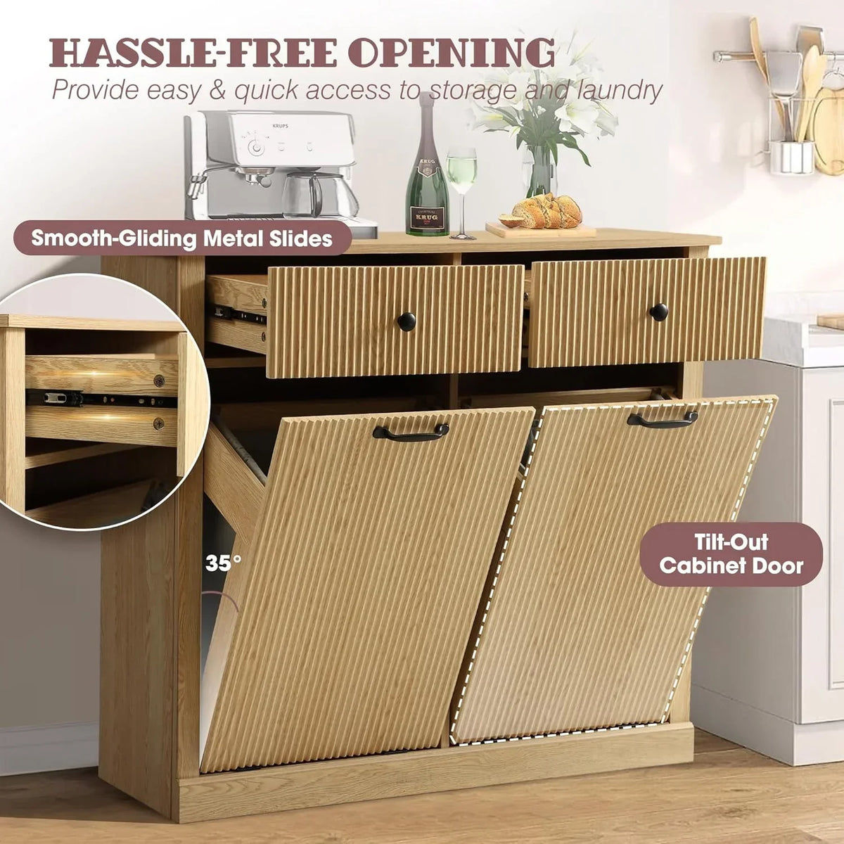Nouveauté 2026 – Armoire à linge double basculante Haverchair , meuble poubelle moderne cannelé avec tiroir, meuble poubelle dissimulé en bois pour cuisine et salle de bain