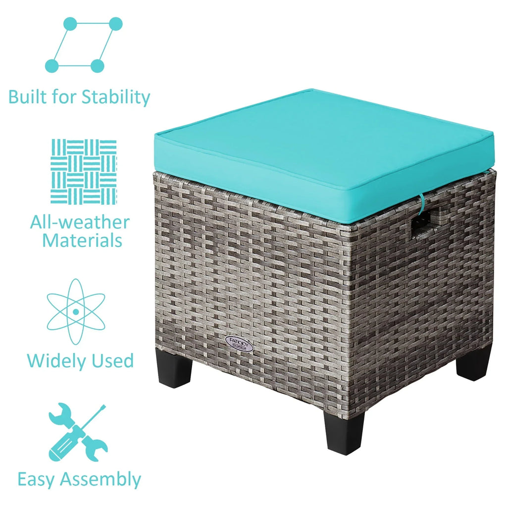 Nouveauté 2026 – Costway Ensemble de 2 poufs de patio rembourrés en rotin, repose-pieds et table turquoise