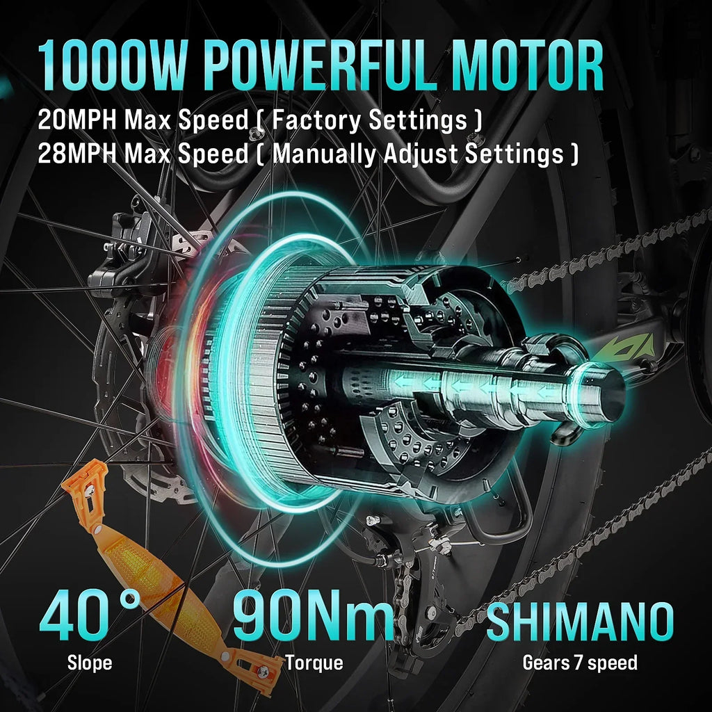 Nouveauté 2026 – Vélo électrique pour adultes, 1000 W, pneus larges 26 pouces, batterie 48 V 17,5 Ah, vitesse maximale de 45 km/h, 7 vitesses, freins à disque hydrauliques doubles, écran LCD, autonomie de 96 km, VTT électrique